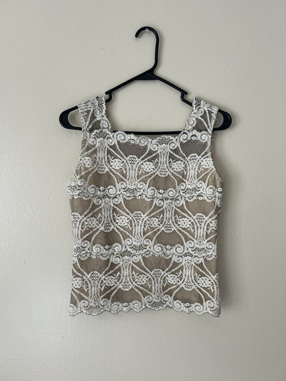 Vintage 90s Y2K G Wheels Lace Tank Top Small Beige Off-White Made in USA Layered